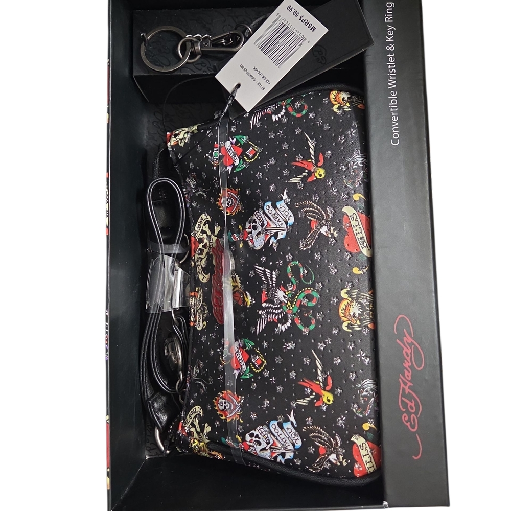 Ed Hardy Black Crossbody Bag with Multicolor Tattoo Print